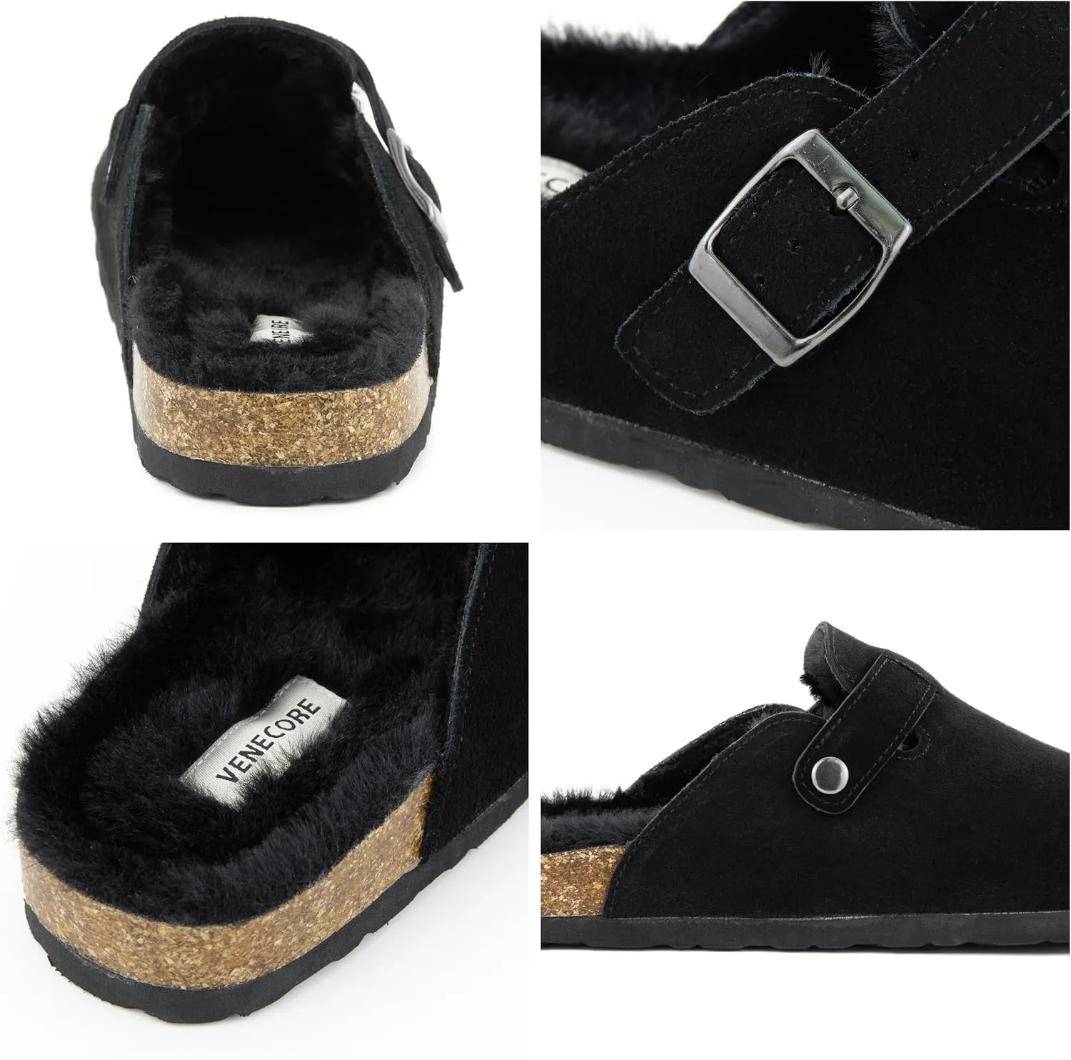 Erica Women's Cork Footbed Clogs Genuine Soft Suede Fuzzy Faux Fur Lined Comfort Cushioned Mule Slide Shoes