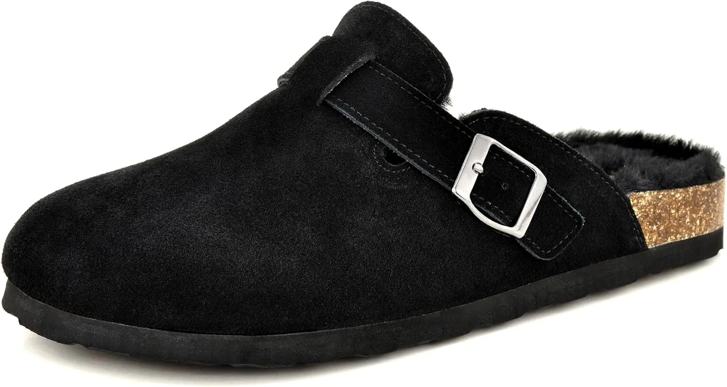 Erica Women's Cork Footbed Clogs Genuine Soft Suede Fuzzy Faux Fur Lined Comfort Cushioned Mule Slide Shoes