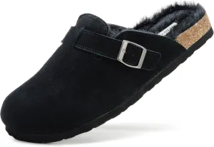 Erica Women's Cork Footbed Clogs Genuine Soft Suede Fuzzy Faux Fur Lined Comfort Cushioned Mule Slide Shoes