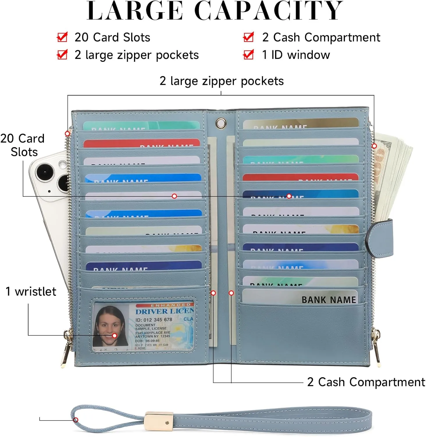 FALAN MULE Wallet Women Multi Card Slim Leather RFID Blocking Credit Card Holder Wallet Purse with Zipper Pocket