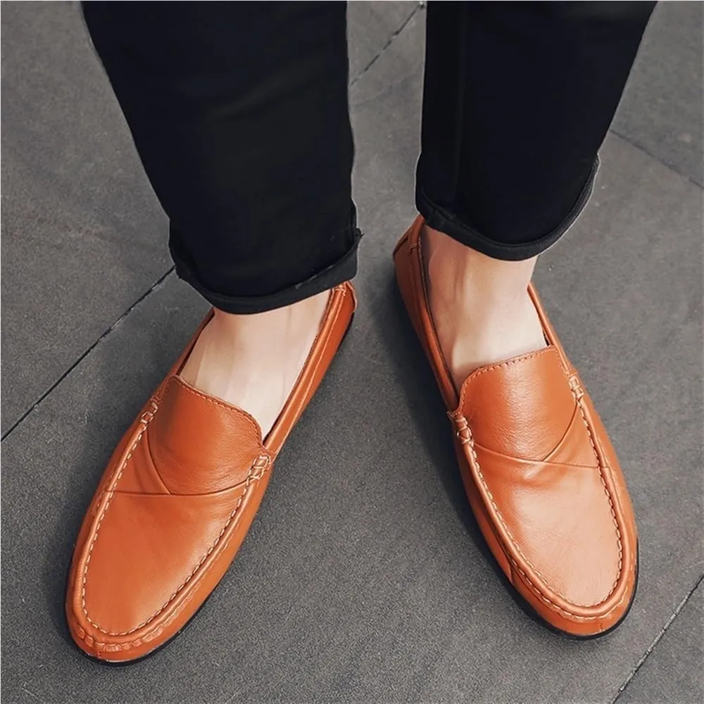 Fashion Slip On Mens Loafers Genuine Leather Round Toe Stitching Details Rubber Sole Resistant Lightweight Comfortable
