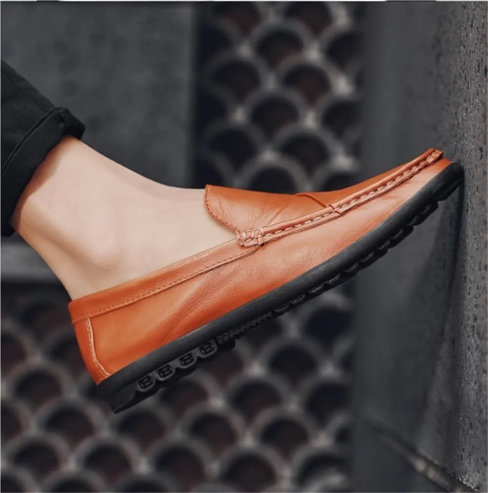 Fashion Slip On Mens Loafers Genuine Leather Round Toe Stitching Details Rubber Sole Resistant Lightweight Comfortable