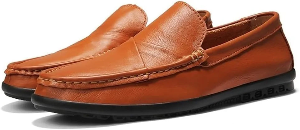 Fashion Slip On Mens Loafers Genuine Leather Round Toe Stitching Details Rubber Sole Resistant Lightweight Comfortable