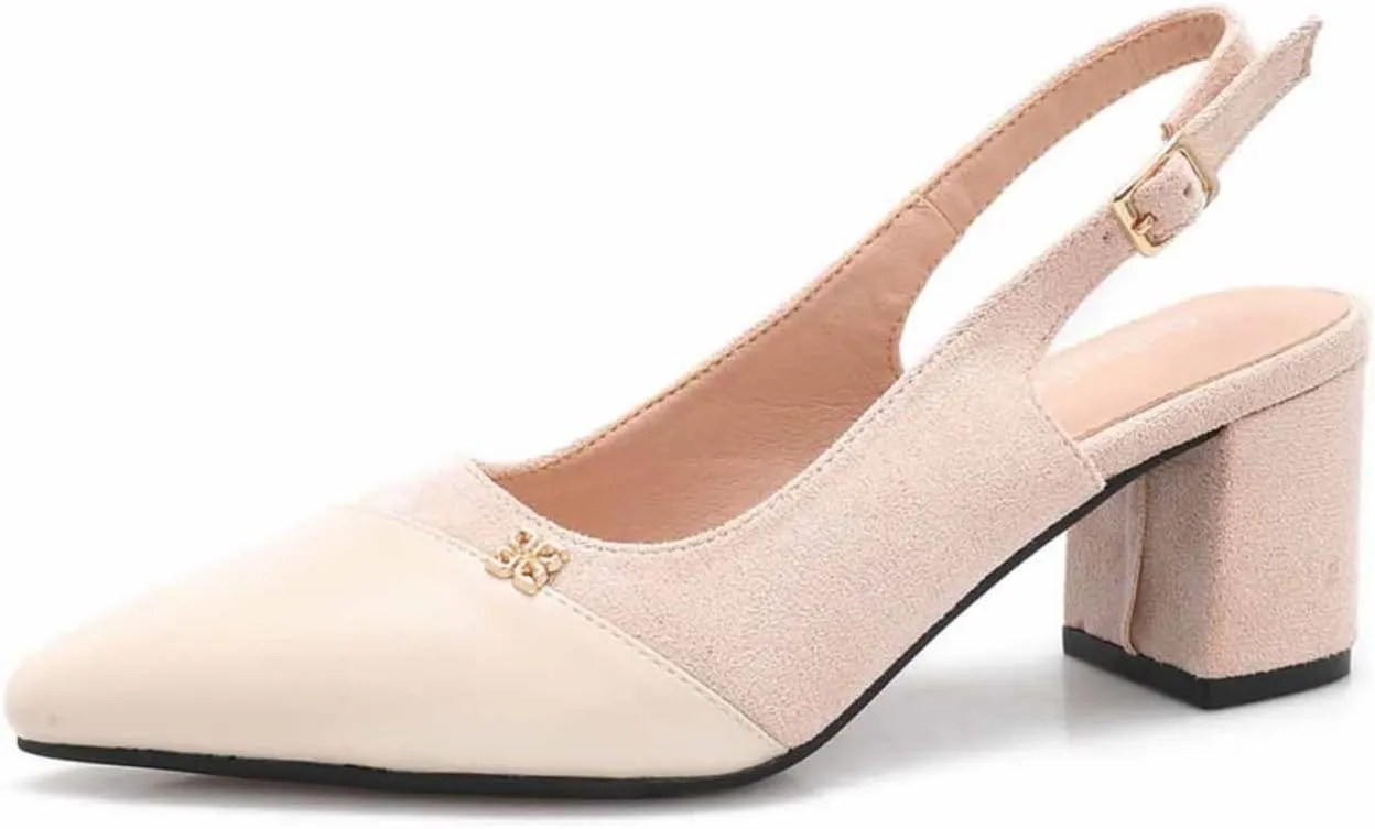 Fashion Splicing Slingback Heels for Women Pointed Toe Women's Two Toned Low Chunky Heeled Pumps Strap Buckle Suede Leather Party Dress Shoes 2.36 Inch