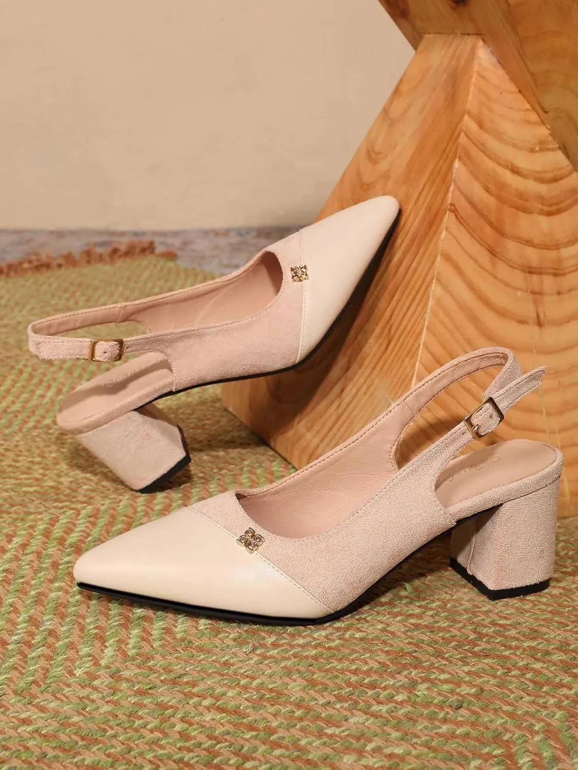 Fashion Splicing Slingback Heels for Women Pointed Toe Women's Two Toned Low Chunky Heeled Pumps Strap Buckle Suede Leather Party Dress Shoes 2.36 Inch