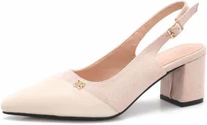 Fashion Splicing Slingback Heels for Women Pointed Toe Women's Two Toned Low Chunky Heeled Pumps Strap Buckle Suede Leather Party Dress Shoes 2.36 Inch