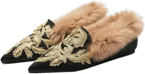 Fericzot Slip On Loafers Womens Embroidery Mule Shoes with Plush Lamb Fur Velvet Slippers Backless Pointed Toe Mule Slides