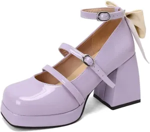 FIFSY Platform Mary Jane Shoes Square Toe Strappy Mary Jane Heels with Bow Women's High Chunky Platform Pumps Heels Closed Toe Heels Comfortable Dress Wedding Party Shoes