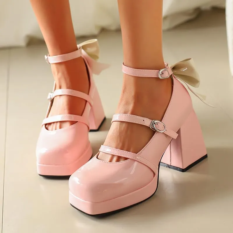 FIFSY Platform Mary Jane Shoes Square Toe Strappy Mary Jane Heels with Bow Women's High Chunky Platform Pumps Heels Closed Toe Heels Comfortable Dress Wedding Party Shoes