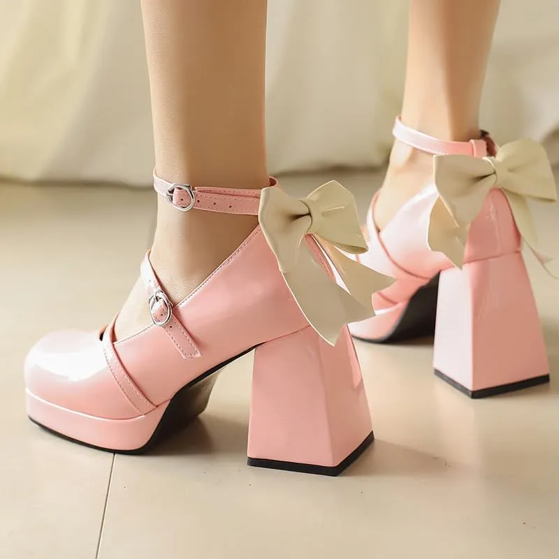 FIFSY Platform Mary Jane Shoes Square Toe Strappy Mary Jane Heels with Bow Women's High Chunky Platform Pumps Heels Closed Toe Heels Comfortable Dress Wedding Party Shoes