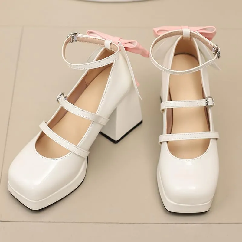 FIFSY Platform Mary Jane Shoes Square Toe Strappy Mary Jane Heels with Bow Women's High Chunky Platform Pumps Heels Closed Toe Heels Comfortable Dress Wedding Party Shoes
