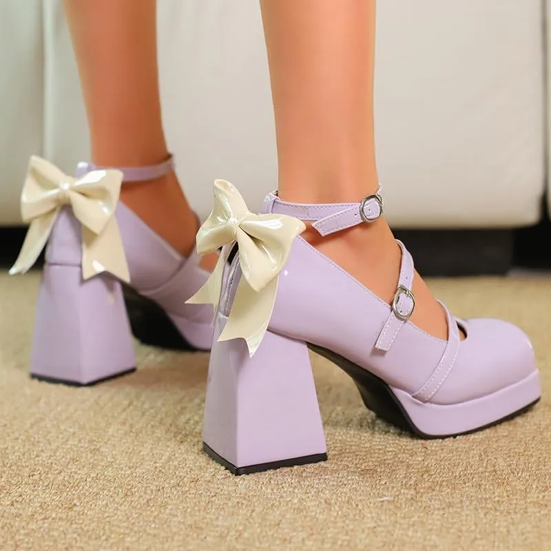 FIFSY Platform Mary Jane Shoes Square Toe Strappy Mary Jane Heels with Bow Women's High Chunky Platform Pumps Heels Closed Toe Heels Comfortable Dress Wedding Party Shoes