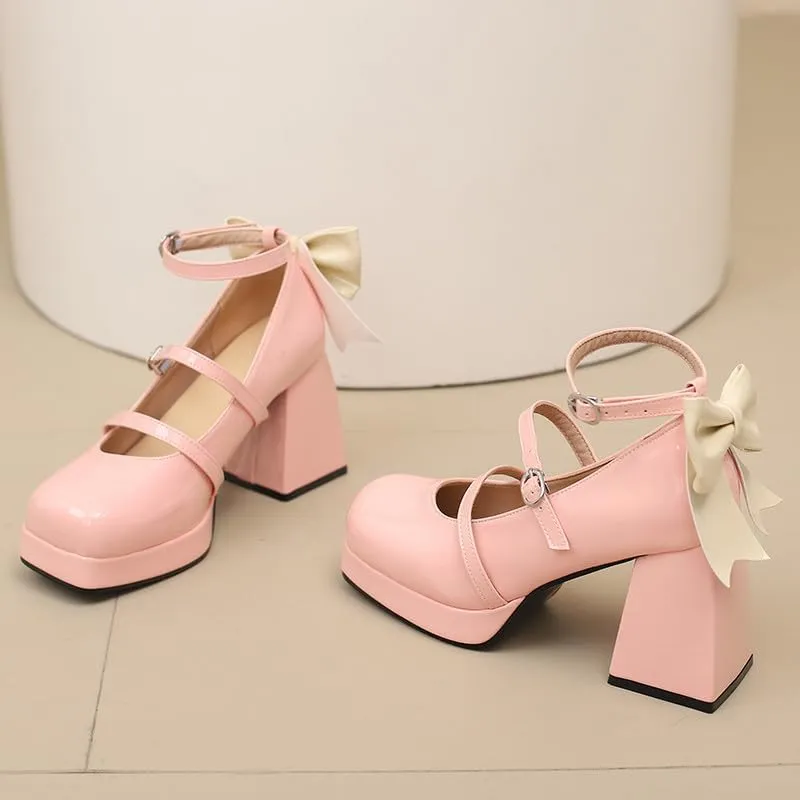 FIFSY Platform Mary Jane Shoes Square Toe Strappy Mary Jane Heels with Bow Women's High Chunky Platform Pumps Heels Closed Toe Heels Comfortable Dress Wedding Party Shoes