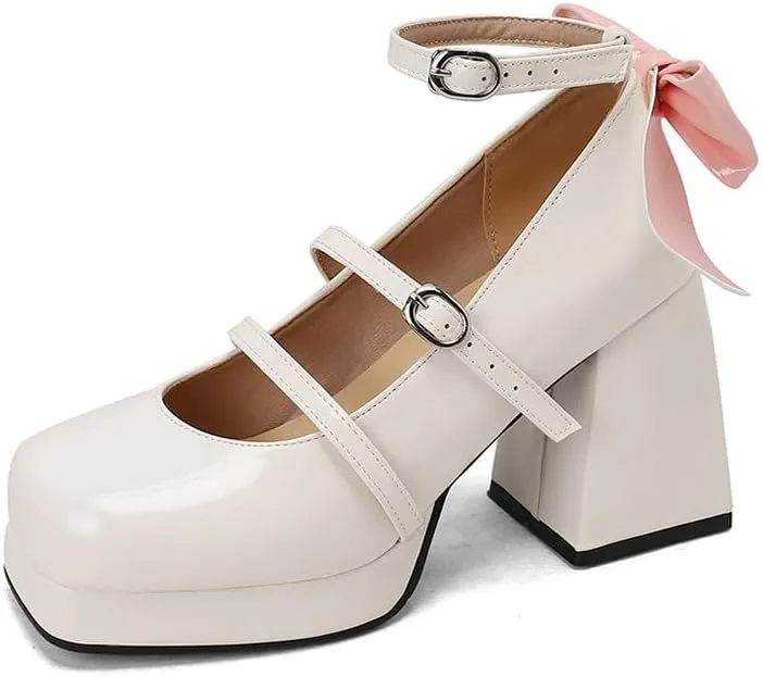 FIFSY Platform Mary Jane Shoes Square Toe Strappy Mary Jane Heels with Bow Women's High Chunky Platform Pumps Heels Closed Toe Heels Comfortable Dress Wedding Party Shoes
