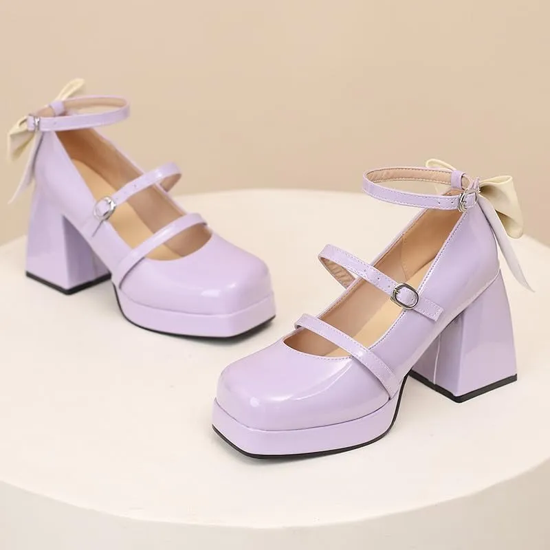 FIFSY Platform Mary Jane Shoes Square Toe Strappy Mary Jane Heels with Bow Women's High Chunky Platform Pumps Heels Closed Toe Heels Comfortable Dress Wedding Party Shoes