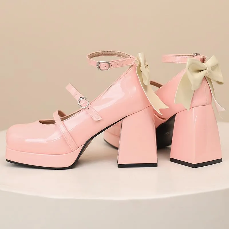 FIFSY Platform Mary Jane Shoes Square Toe Strappy Mary Jane Heels with Bow Women's High Chunky Platform Pumps Heels Closed Toe Heels Comfortable Dress Wedding Party Shoes