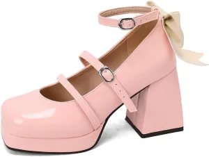 FIFSY Platform Mary Jane Shoes Square Toe Strappy Mary Jane Heels with Bow Women's High Chunky Platform Pumps Heels Closed Toe Heels Comfortable Dress Wedding Party Shoes