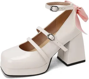 FIFSY Platform Mary Jane Shoes Square Toe Strappy Mary Jane Heels with Bow Women's High Chunky Platform Pumps Heels Closed Toe Heels Comfortable Dress Wedding Party Shoes