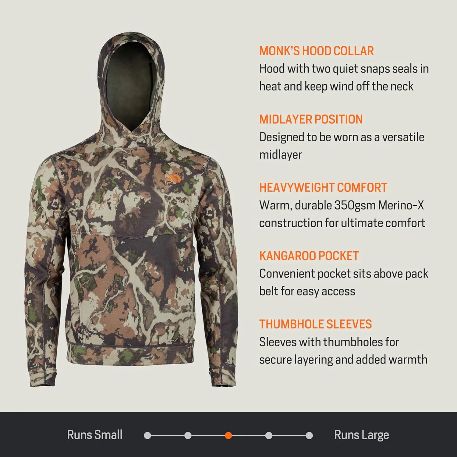 First Lite Men’s Furnace Hoody - Merino Wool Camo Hunting Fleece Pullover, Heavyweight Base Layer Hunting Gear For Men