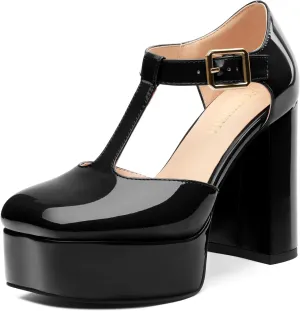 FOGEENA Platform Heels for Women Chunky Block High Heel Closed Square Toe 4.3 Inch T-Strap Mary Jane Pumps Casual Dress Shoe