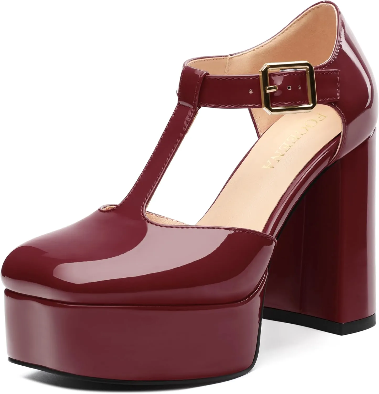 FOGEENA Platform Heels for Women Chunky Block High Heel Closed Square Toe 4.3 Inch T-Strap Mary Jane Pumps Casual Dress Shoe