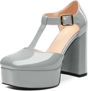 FOGEENA Platform Heels for Women Chunky Block High Heel Closed Square Toe 4.3 Inch T-Strap Mary Jane Pumps Casual Dress Shoe