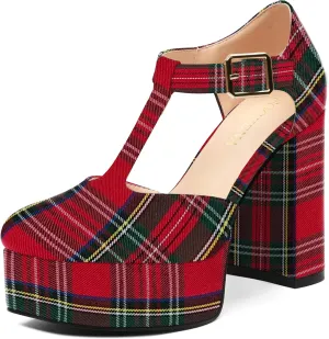 FOGEENA Platform Heels for Women Chunky Block High Heel Closed Square Toe 4.3 Inch T-Strap Mary Jane Pumps Casual Dress Shoe