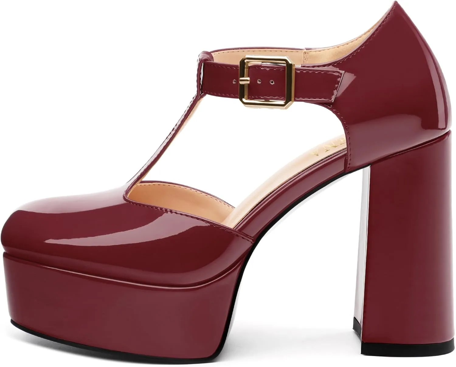 FOGEENA Platform Heels for Women Chunky Block High Heel Closed Square Toe 4.3 Inch T-Strap Mary Jane Pumps Casual Dress Shoe