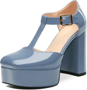 FOGEENA Platform Heels for Women Chunky Block High Heel Closed Square Toe 4.3 Inch T-Strap Mary Jane Pumps Casual Dress Shoe