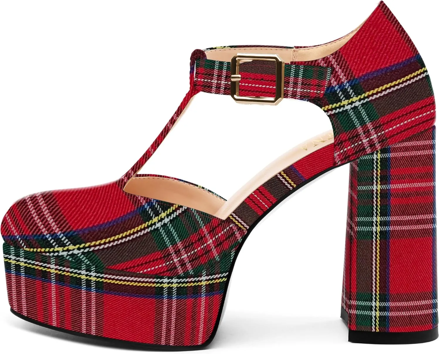 FOGEENA Platform Heels for Women Chunky Block High Heel Closed Square Toe 4.3 Inch T-Strap Mary Jane Pumps Casual Dress Shoe