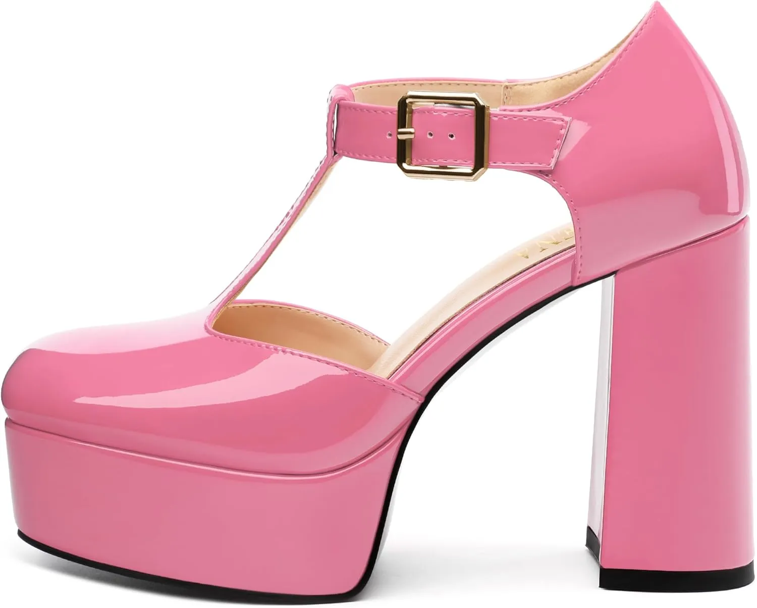 FOGEENA Platform Heels for Women Chunky Block High Heel Closed Square Toe 4.3 Inch T-Strap Mary Jane Pumps Casual Dress Shoe