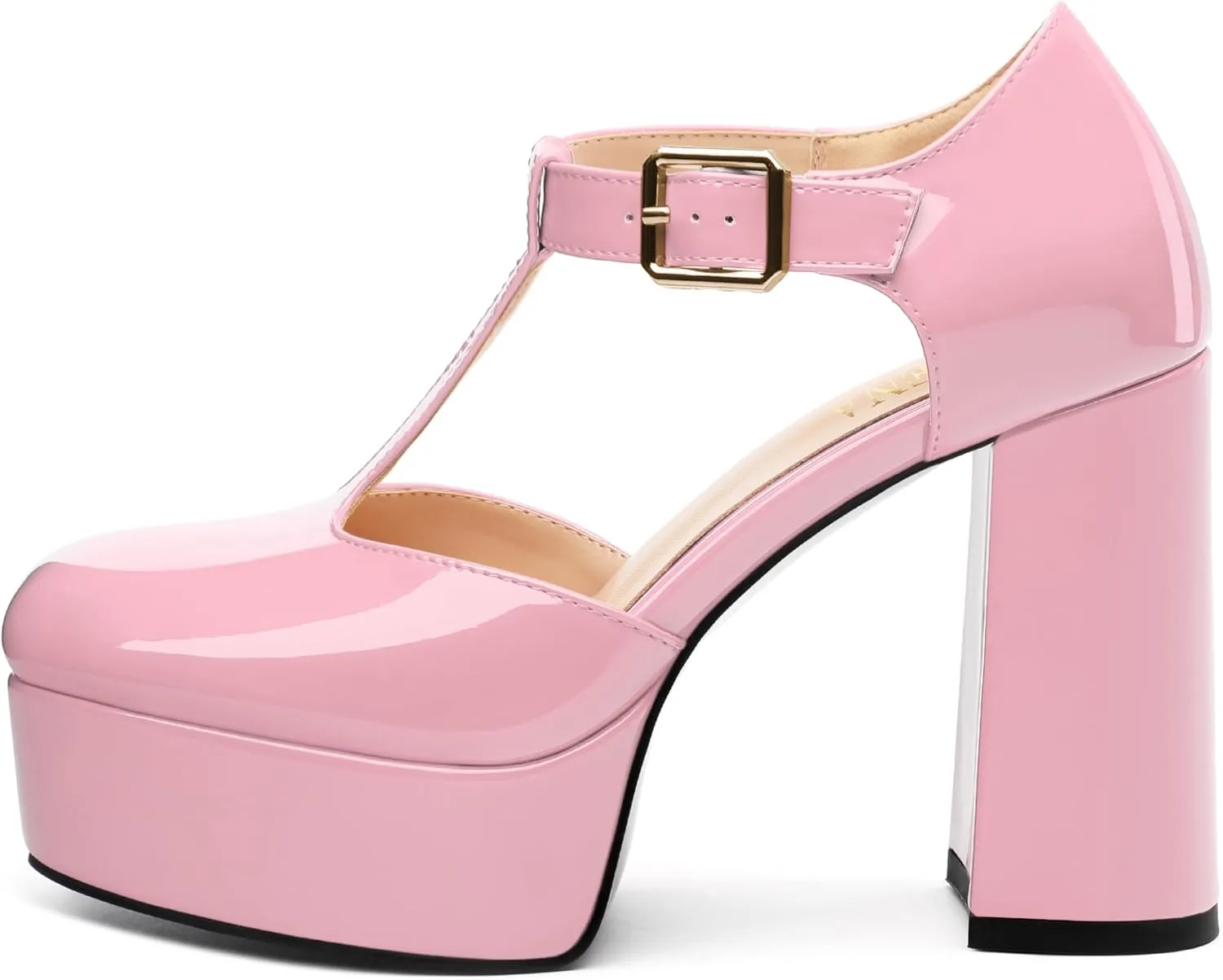 FOGEENA Platform Heels for Women Chunky Block High Heel Closed Square Toe 4.3 Inch T-Strap Mary Jane Pumps Casual Dress Shoe