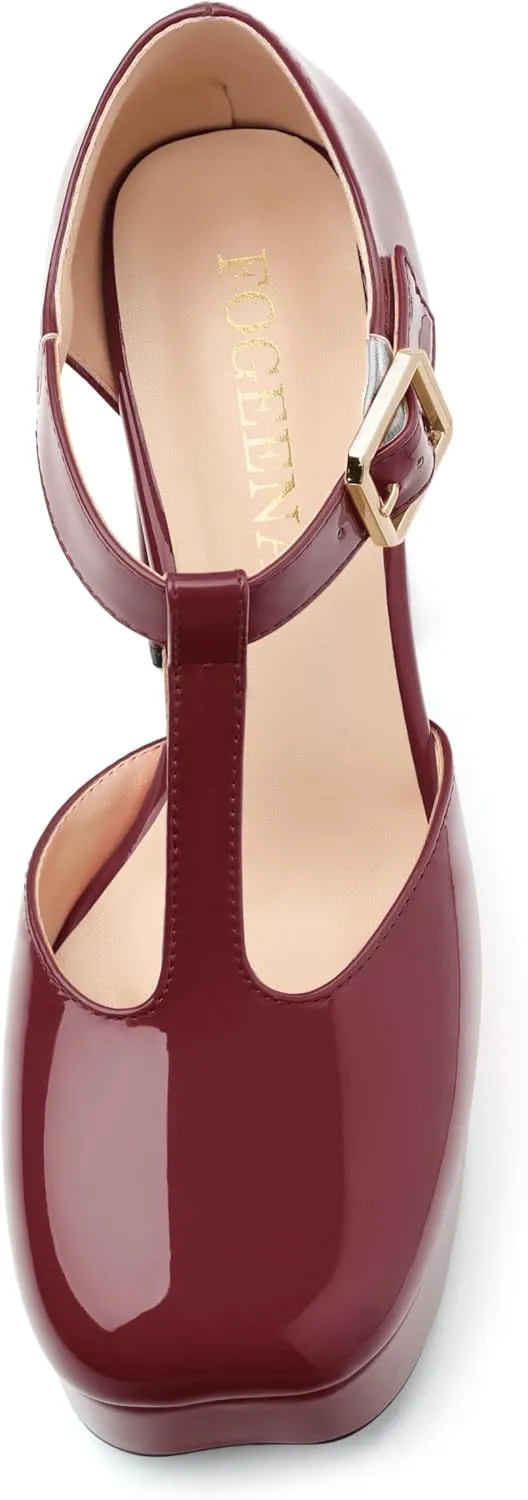 FOGEENA Platform Heels for Women Chunky Block High Heel Closed Square Toe 4.3 Inch T-Strap Mary Jane Pumps Casual Dress Shoe