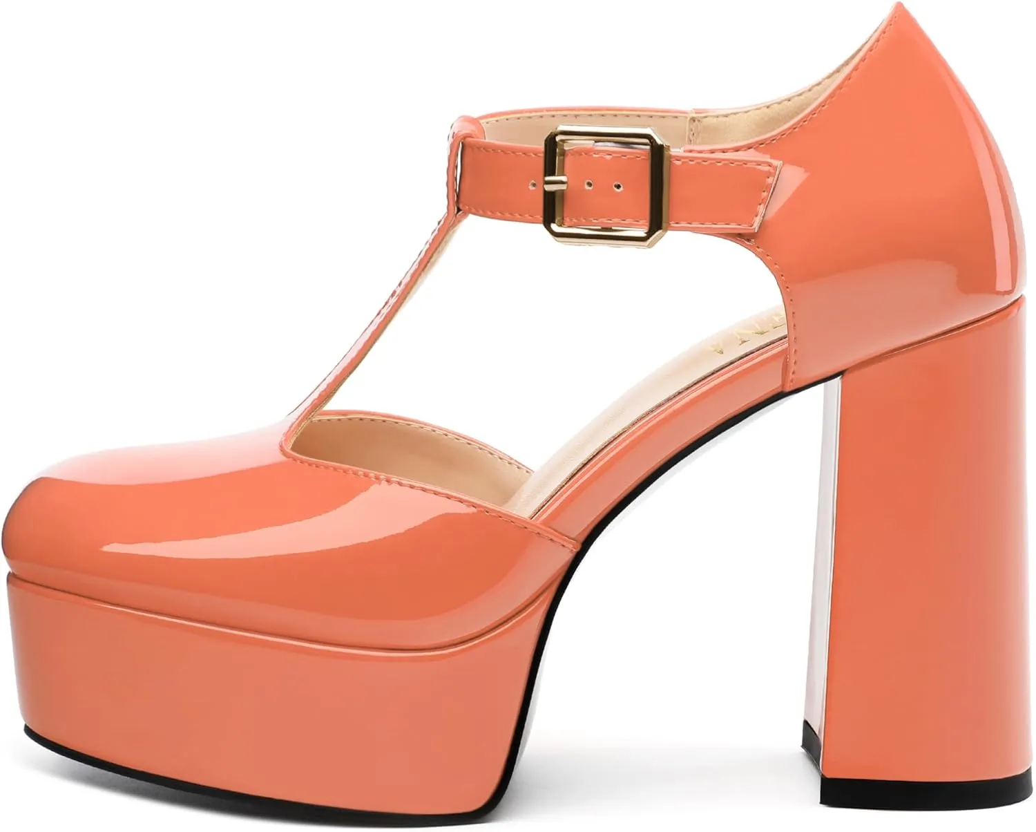 FOGEENA Platform Heels for Women Chunky Block High Heel Closed Square Toe 4.3 Inch T-Strap Mary Jane Pumps Casual Dress Shoe