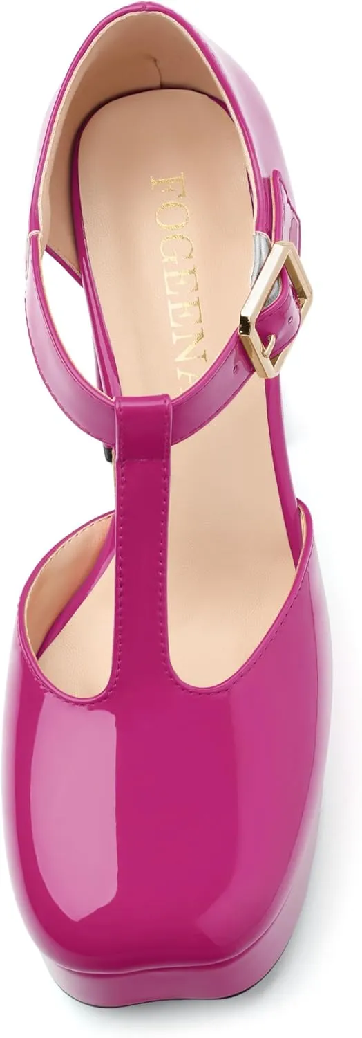 FOGEENA Platform Heels for Women Chunky Block High Heel Closed Square Toe 4.3 Inch T-Strap Mary Jane Pumps Casual Dress Shoe