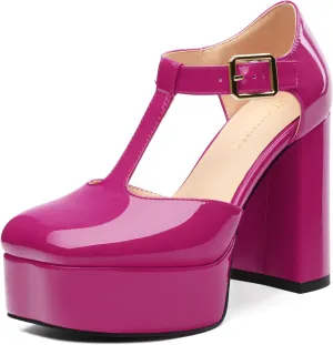 FOGEENA Platform Heels for Women Chunky Block High Heel Closed Square Toe 4.3 Inch T-Strap Mary Jane Pumps Casual Dress Shoe