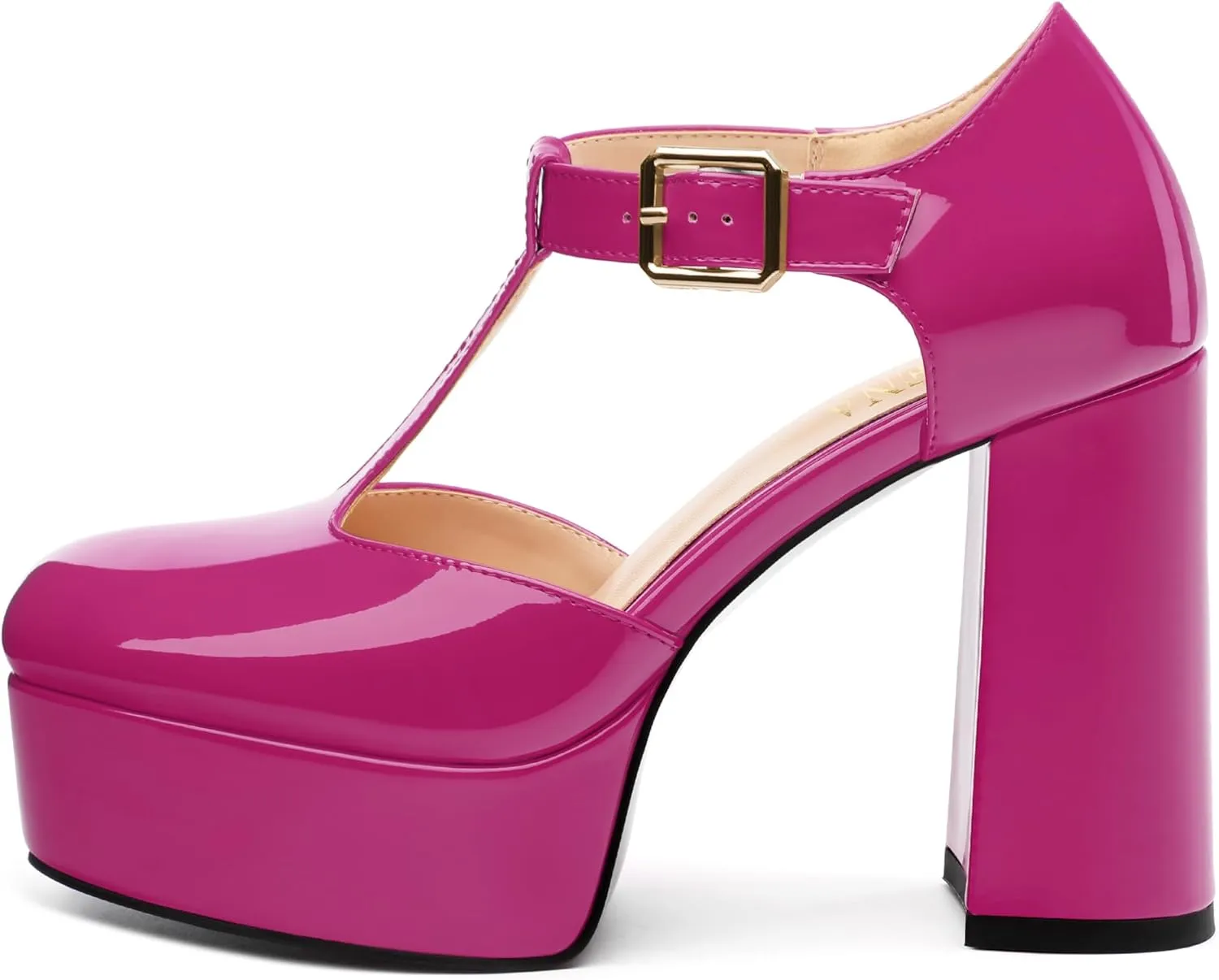 FOGEENA Platform Heels for Women Chunky Block High Heel Closed Square Toe 4.3 Inch T-Strap Mary Jane Pumps Casual Dress Shoe