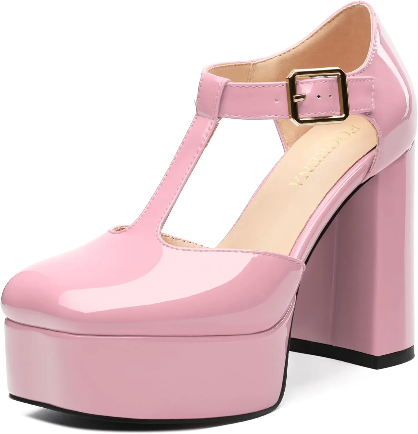 FOGEENA Platform Heels for Women Chunky Block High Heel Closed Square Toe 4.3 Inch T-Strap Mary Jane Pumps Casual Dress Shoe