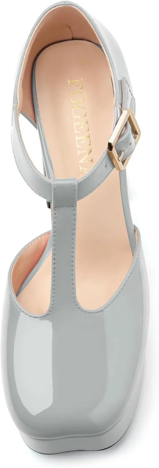 FOGEENA Platform Heels for Women Chunky Block High Heel Closed Square Toe 4.3 Inch T-Strap Mary Jane Pumps Casual Dress Shoe