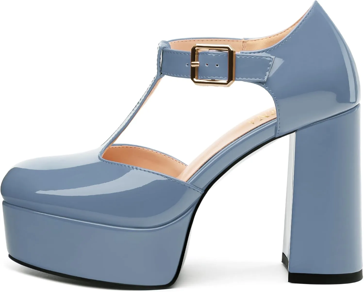 FOGEENA Platform Heels for Women Chunky Block High Heel Closed Square Toe 4.3 Inch T-Strap Mary Jane Pumps Casual Dress Shoe