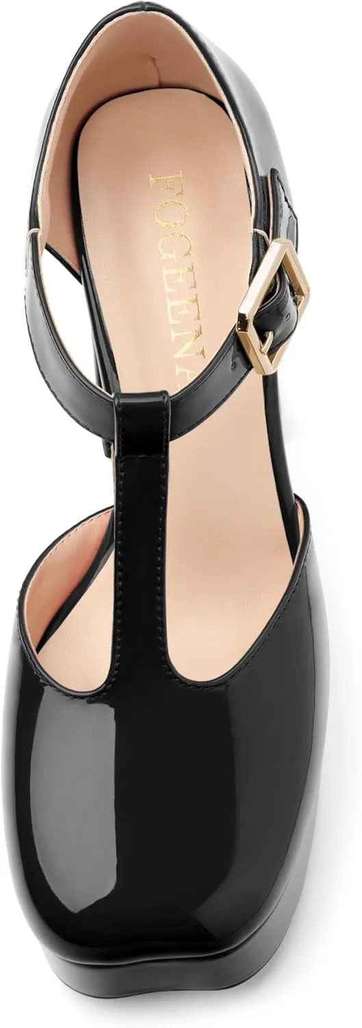 FOGEENA Platform Heels for Women Chunky Block High Heel Closed Square Toe 4.3 Inch T-Strap Mary Jane Pumps Casual Dress Shoe