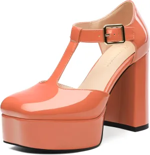 FOGEENA Platform Heels for Women Chunky Block High Heel Closed Square Toe 4.3 Inch T-Strap Mary Jane Pumps Casual Dress Shoe