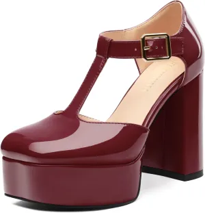 FOGEENA Platform Heels for Women Chunky Block High Heel Closed Square Toe 4.3 Inch T-Strap Mary Jane Pumps Casual Dress Shoe