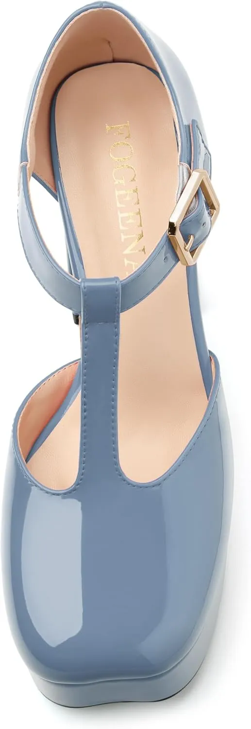 FOGEENA Platform Heels for Women Chunky Block High Heel Closed Square Toe 4.3 Inch T-Strap Mary Jane Pumps Casual Dress Shoe