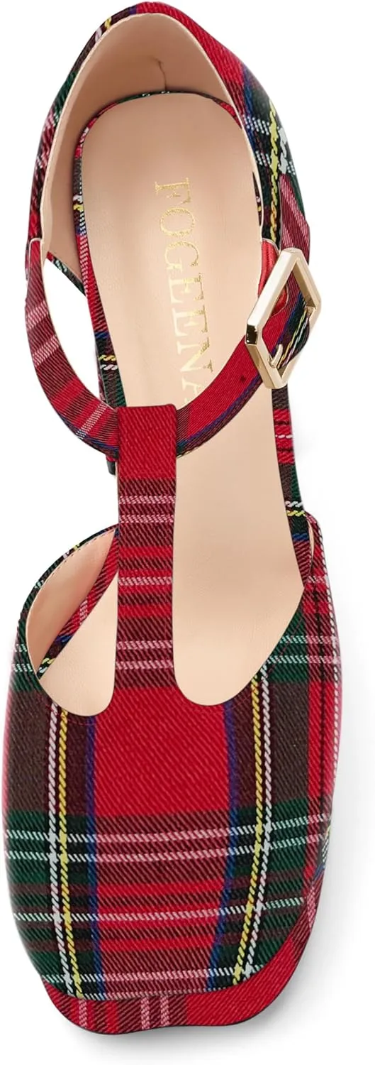 FOGEENA Platform Heels for Women Chunky Block High Heel Closed Square Toe 4.3 Inch T-Strap Mary Jane Pumps Casual Dress Shoe