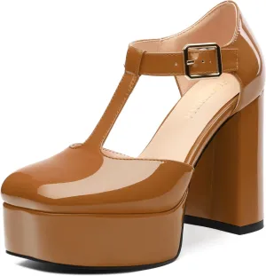 FOGEENA Platform Heels for Women Chunky Block High Heel Closed Square Toe 4.3 Inch T-Strap Mary Jane Pumps Casual Dress Shoe