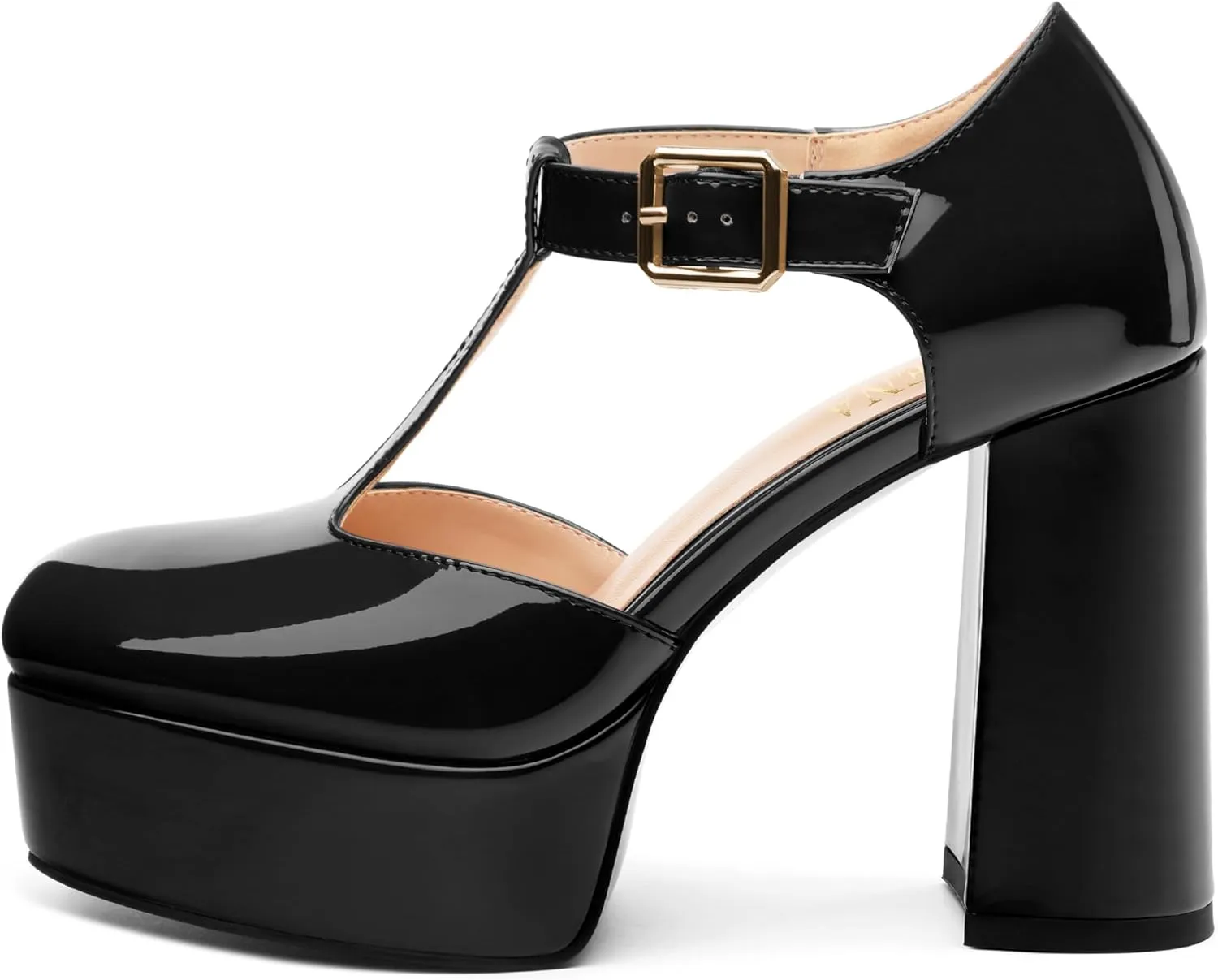 FOGEENA Platform Heels for Women Chunky Block High Heel Closed Square Toe 4.3 Inch T-Strap Mary Jane Pumps Casual Dress Shoe