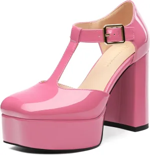 FOGEENA Platform Heels for Women Chunky Block High Heel Closed Square Toe 4.3 Inch T-Strap Mary Jane Pumps Casual Dress Shoe