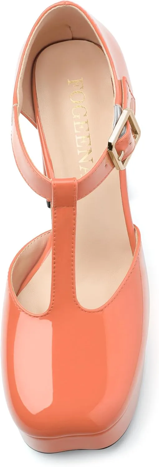 FOGEENA Platform Heels for Women Chunky Block High Heel Closed Square Toe 4.3 Inch T-Strap Mary Jane Pumps Casual Dress Shoe