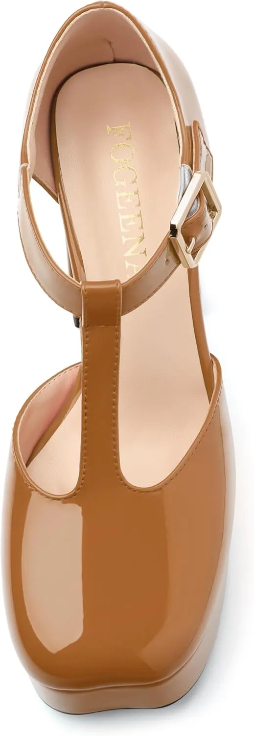 FOGEENA Platform Heels for Women Chunky Block High Heel Closed Square Toe 4.3 Inch T-Strap Mary Jane Pumps Casual Dress Shoe